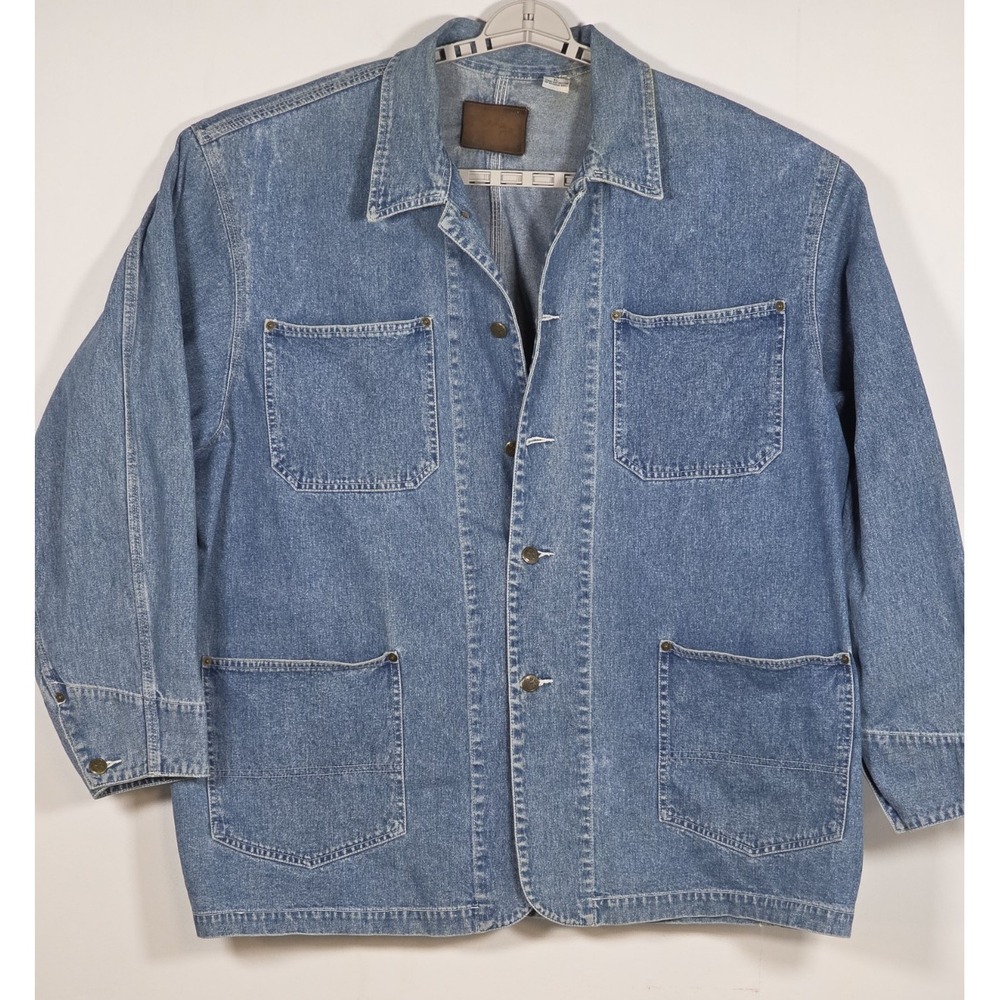Badge Mens XL Vintage Denim Chore Coat Utility Barn Blue Cotton Jacket Classic
